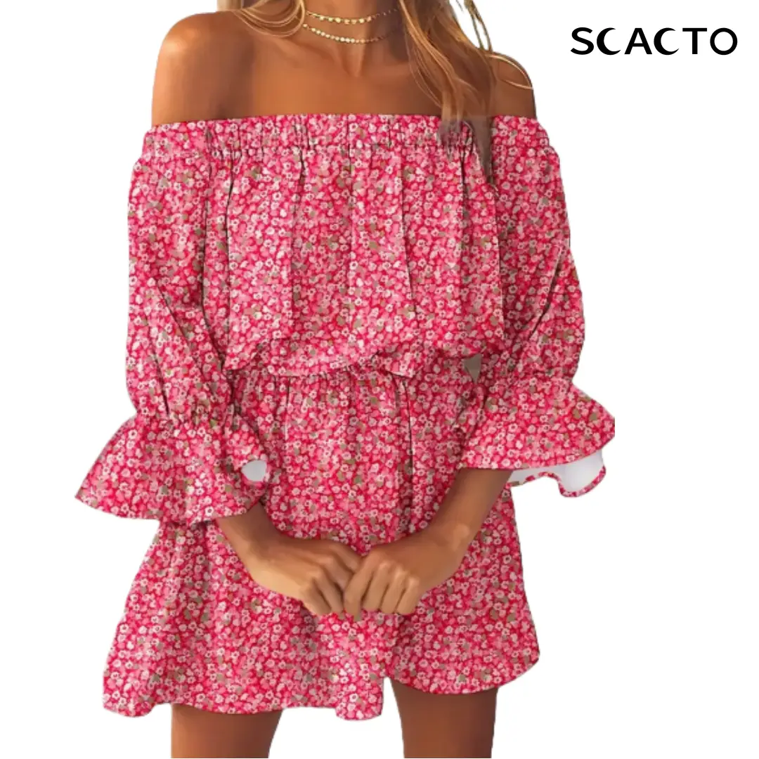 Scacto Boho Leaf Graphic Print Off Shoulder Dress, Sexy Backless Ruffle Sleeve Dress For Spring & Summer, Women's Clothing, Polyester, Long Sleeve, Longsleeves, Bohemian, Boho Clothes, Casual, Bohemian Style, Dress Casual