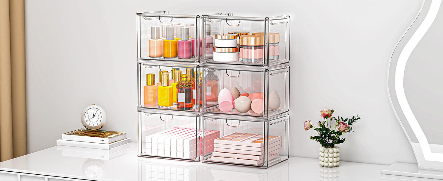 6-Pack Clear Acrylic Stackable Storage Boxes, Multi-Purpose Desktop Organizer for Makeup, Cosmetics & Office Supplies