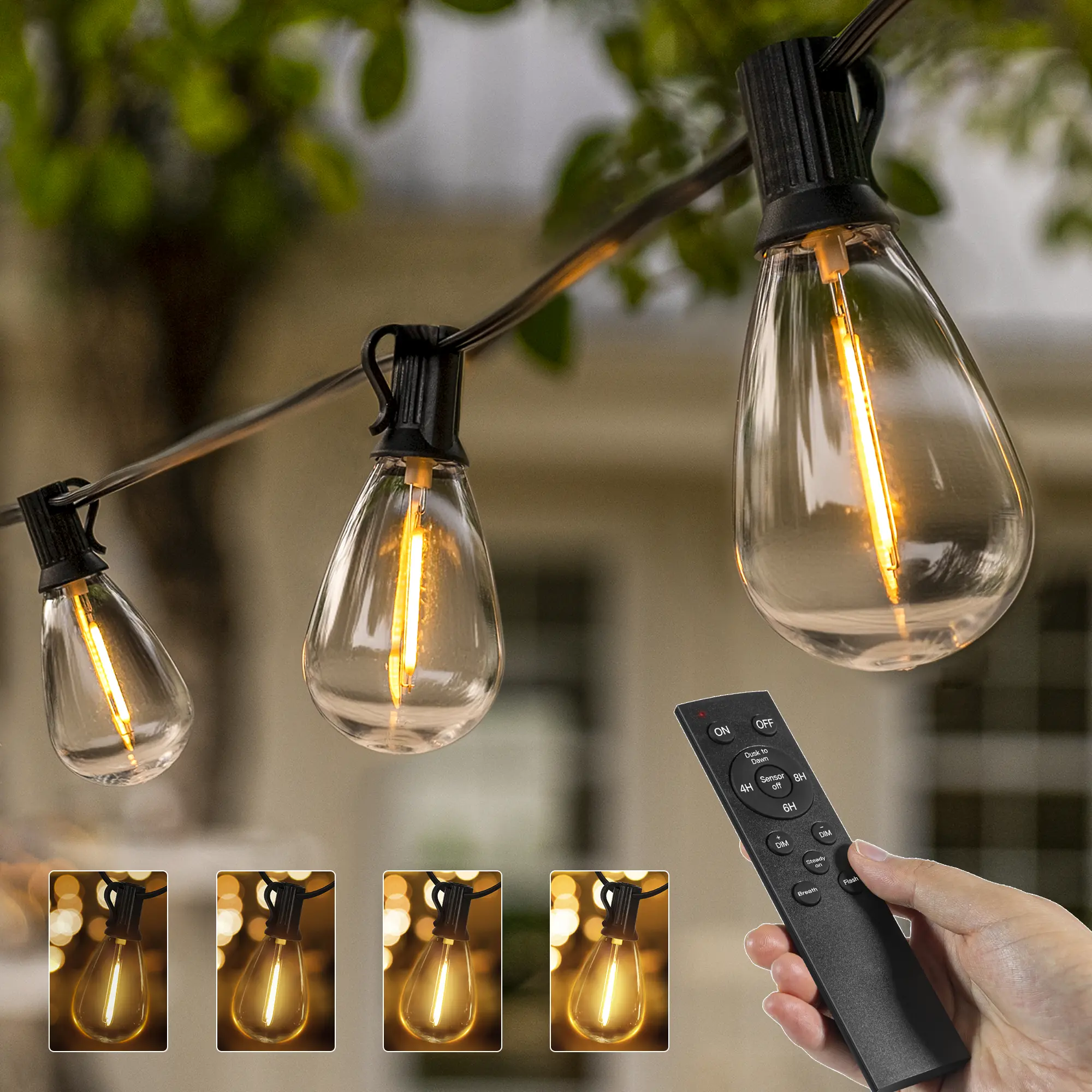 Ollny S11 Outdoor String Lights with Remote, Plug in Waterproof Connectable 3 Modes Dimmable Timers Patio Lights with LED + Spare Bulbs, Dusk to Dawn Outdoor Light for Outside Camping Backyard Tree Bistro Garden Porch