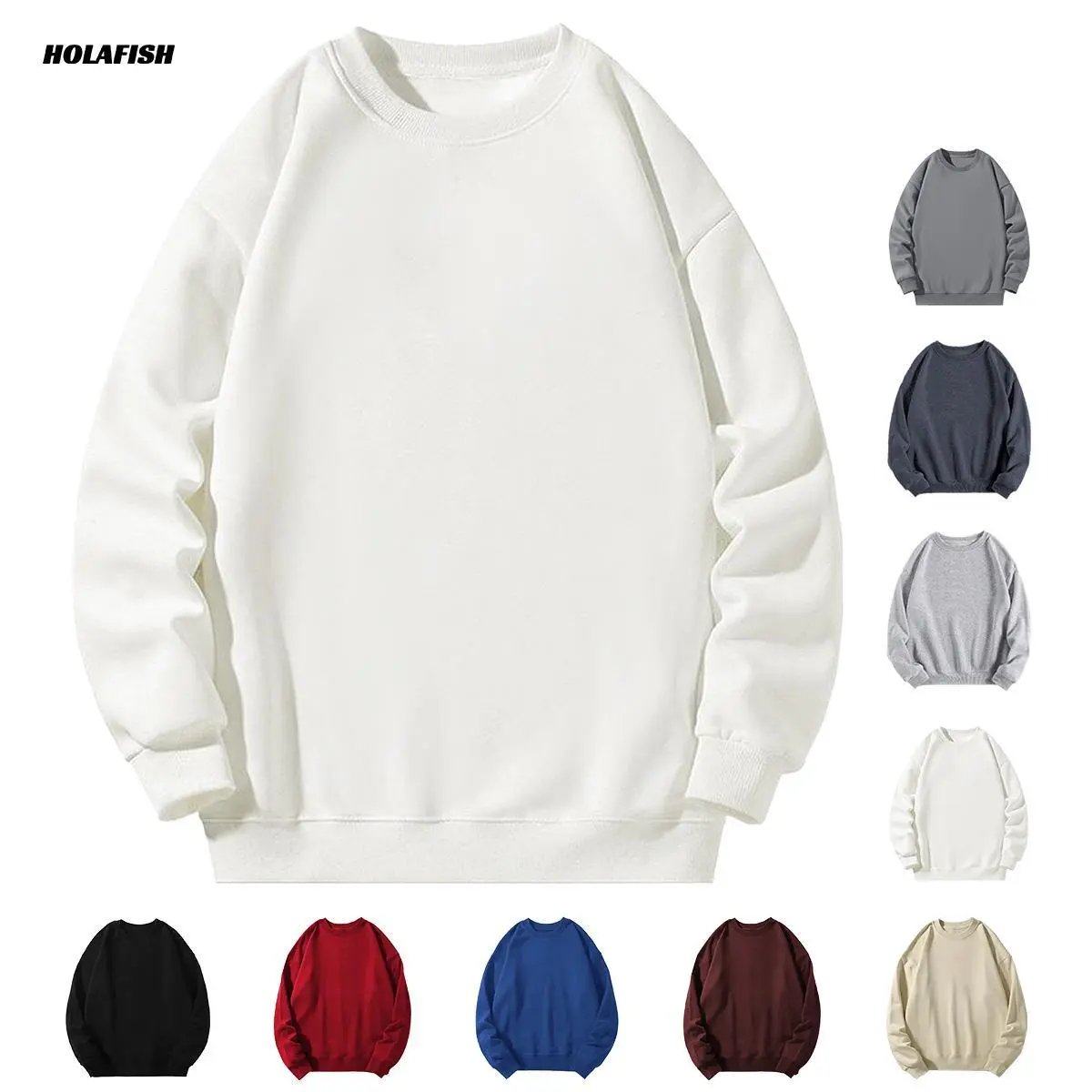 Holafish Unisex Crewneck Sweatshirt, Casual Plain Long Sleeve Pullover, Soft Fleece Lined Cotton Blend Relaxed Fit Top
