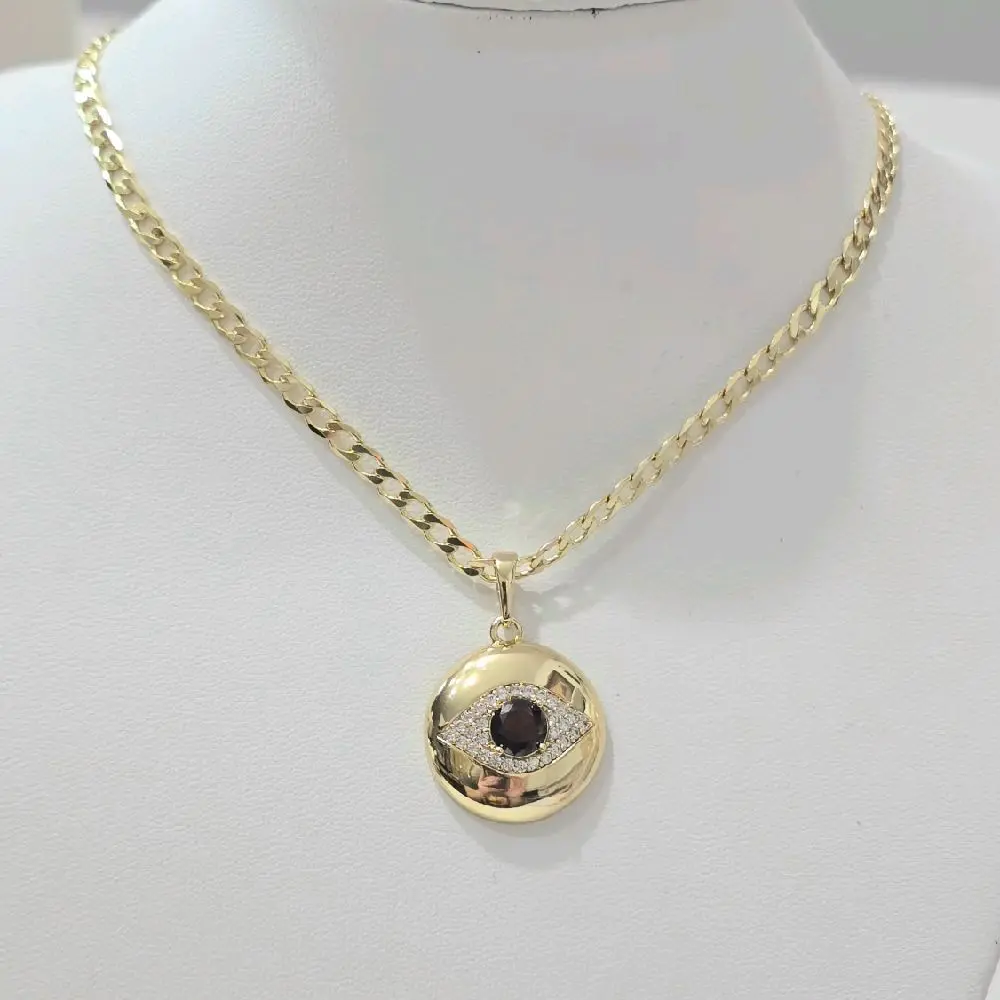 Cadena cubana con dije de ojo oscuro  3mm x 24 inches aprox. Laminado de alta calidad