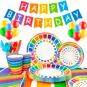 Rainbow Party Supplies,166pcs Rainbow Party Decorations Tableware Set - Rainbow Party Plates Napkins Cups Rainbow Birthday Decorations Balloons Banner etc Rainbow Themed Birthday Party Supplies