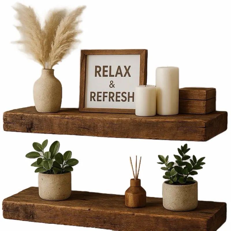 Rustic Brown Wood Floating Shelves Set of 2, 16 Inch Wall Mounted Storage Shelves for Bathroom, Bedroom, Kitchen, Living Room Decor