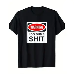 Men's Cotton T-Shirt | Casual Round Neck | Humorous 'Warning I Do Stupid Shit' Graphic | Breathable & Machine Washable | Summer Wear | Black with Red & White Design, Humorous Clothing | Round Neck Shirt | Durable Print