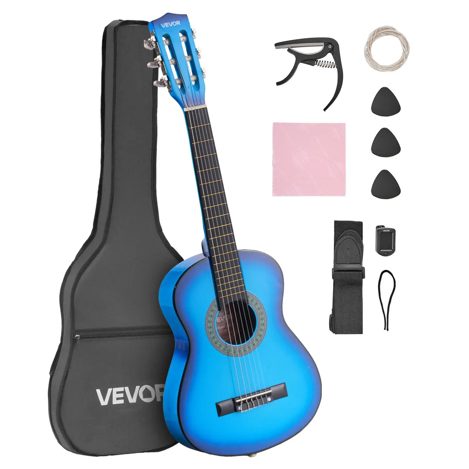 【Summerfinds】VEVOR 30-Inch Wooden Classical Acoustic Guitar Full Set, Unisex Starter Kit for Beginners with Nylon Strings, Gig Bag, Shoulder Strap, Tuner, Extra Strings, Picks, Capo, Basswood, Blue (for Traveling Students)