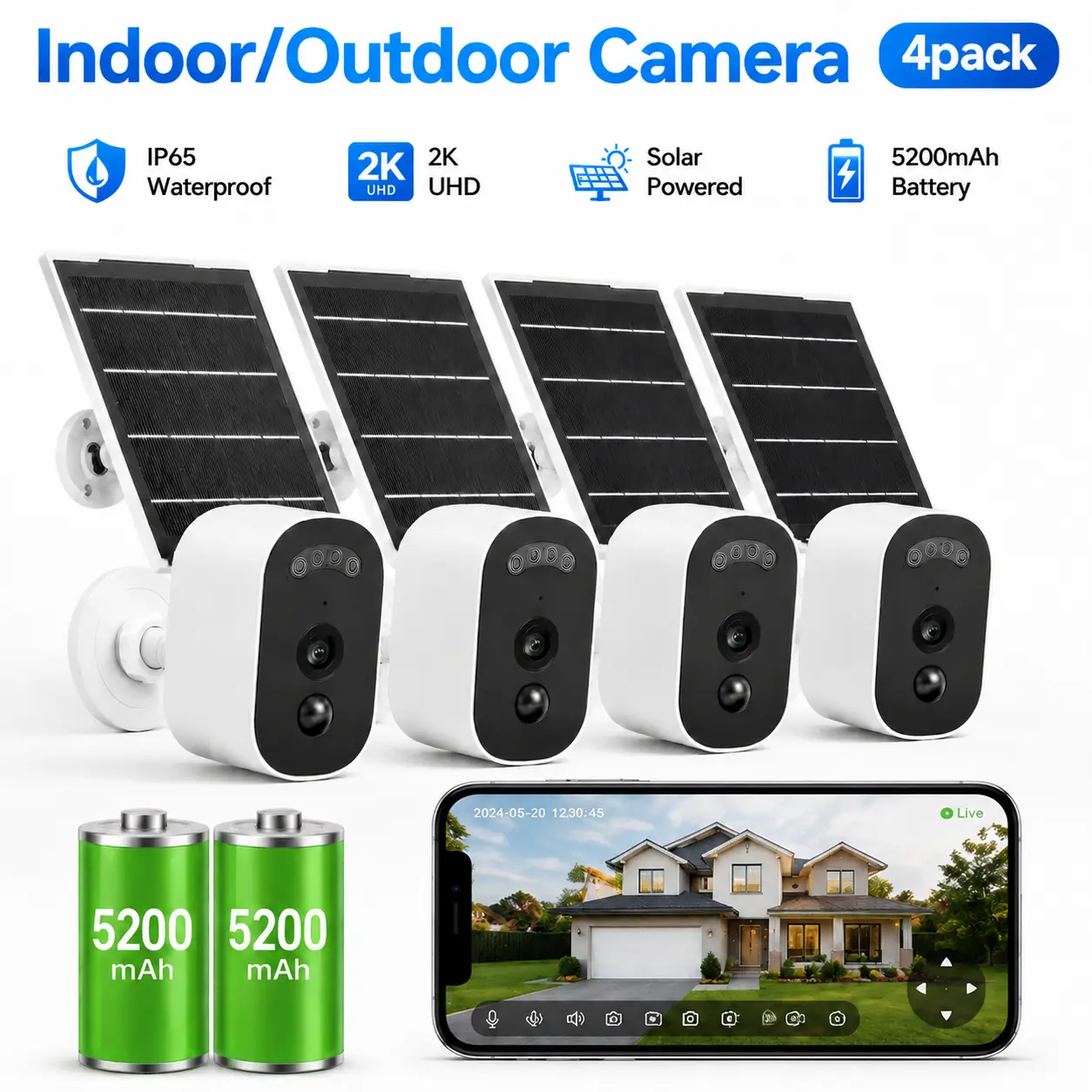 【JOOAN 4PCS 2.5K Wire-Free Outdoor Solar Wireless Security Cameras 】Features Human Detection, Full-Color Night Vision, Two-Way Audio, Waterproof & Dustproof Design, 5200mAh High-Capacity Battery, 2.4GHz Wi-Fi Support, And Tf Card/Cloud Storage,