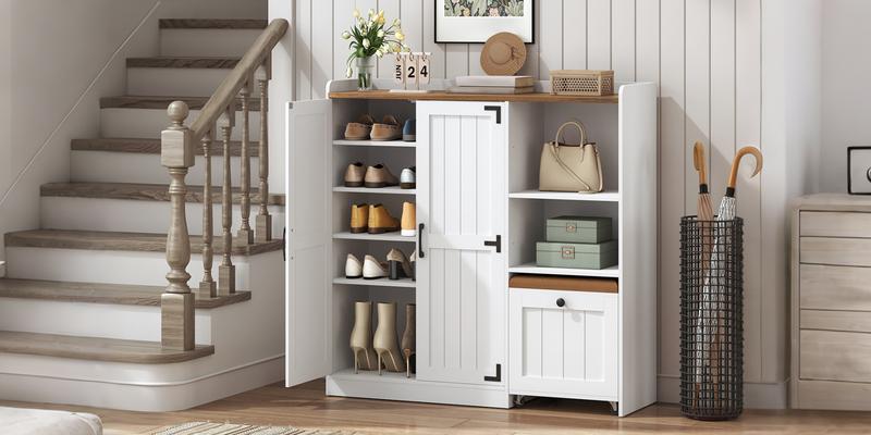 HOOBRO Shoe Cabinet with Entryway Bench, 44.1-Inch Shoe Storage Organizer with Adjustable Shelves, Doors, and Lockable Casters, for Hallway, Entryway, Living Room, Bedroom, White and Walnut