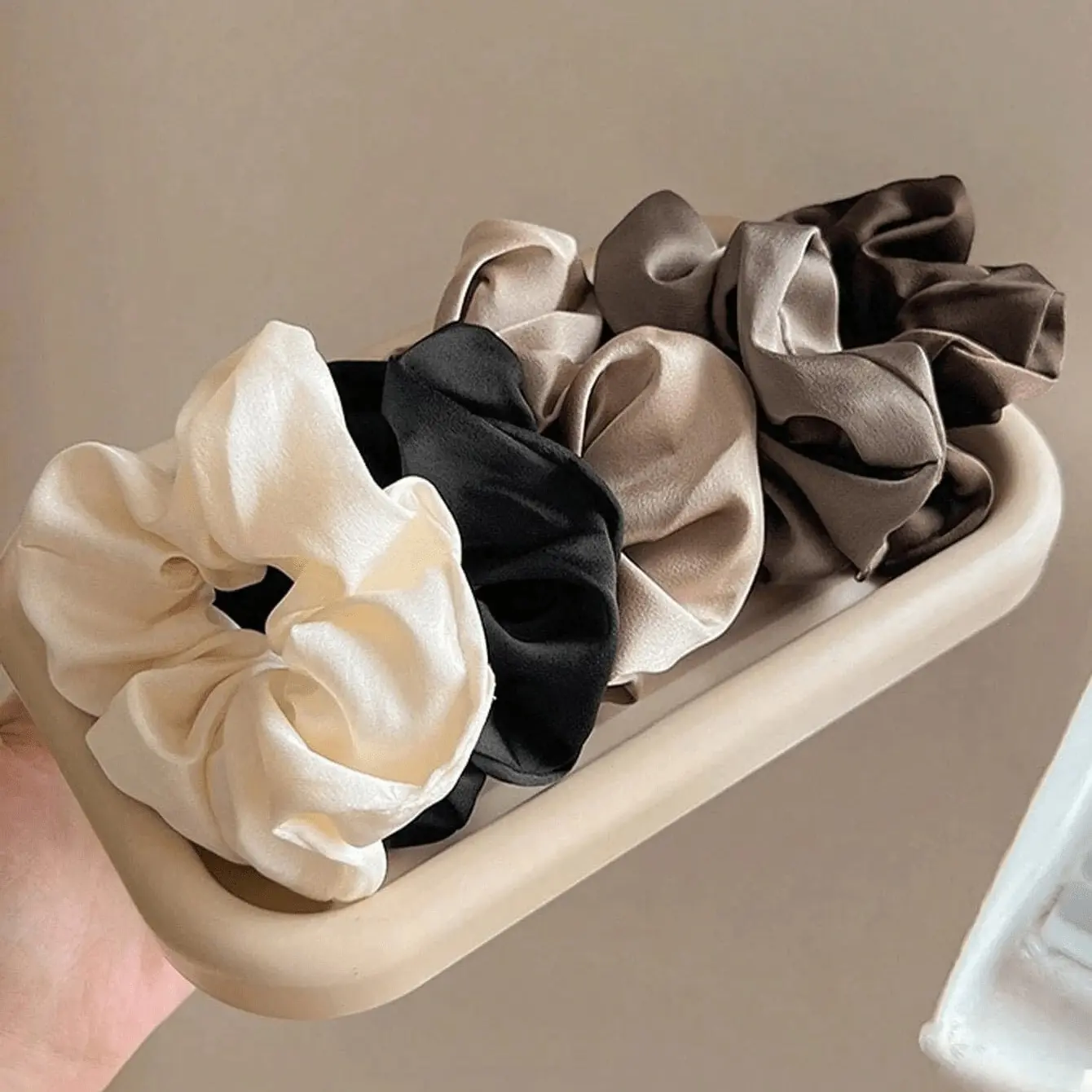 5 Pack Neutral Tone Hair Scrunchies - Luxe Satin Scrunchies for All Hairstyles, Casual & Date Night Ready