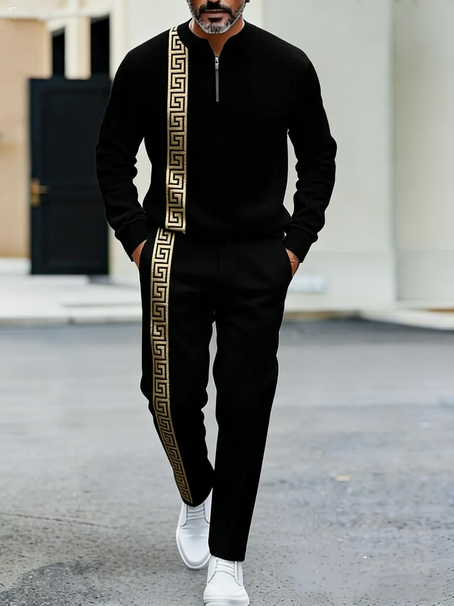 Street style men's striped sports two-piece set