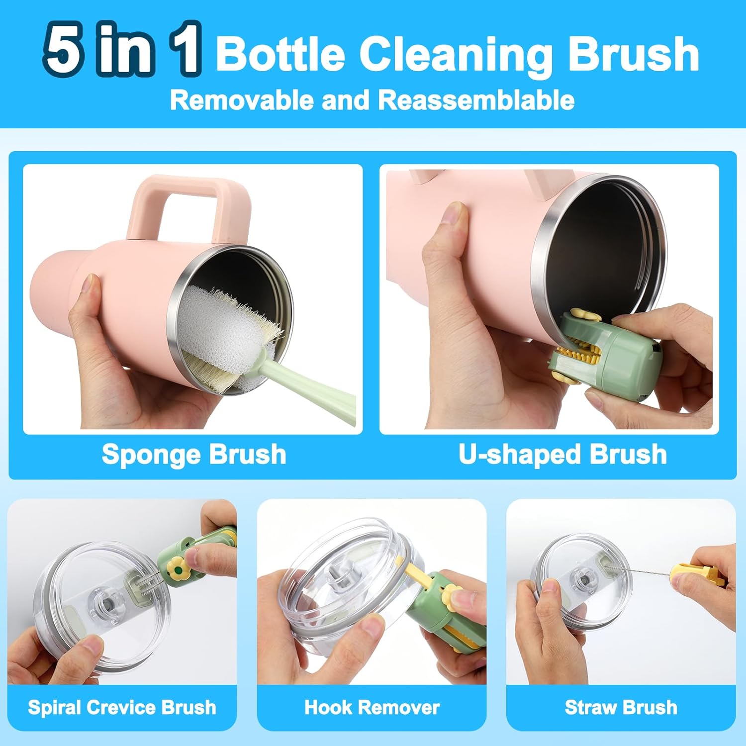 5-in-1 Multifunctional Bottle Cleaning Brush Set with Replaceable Heads for Deep Cleaning Cups Lids and Straws Ideal for Reusable Drinkware