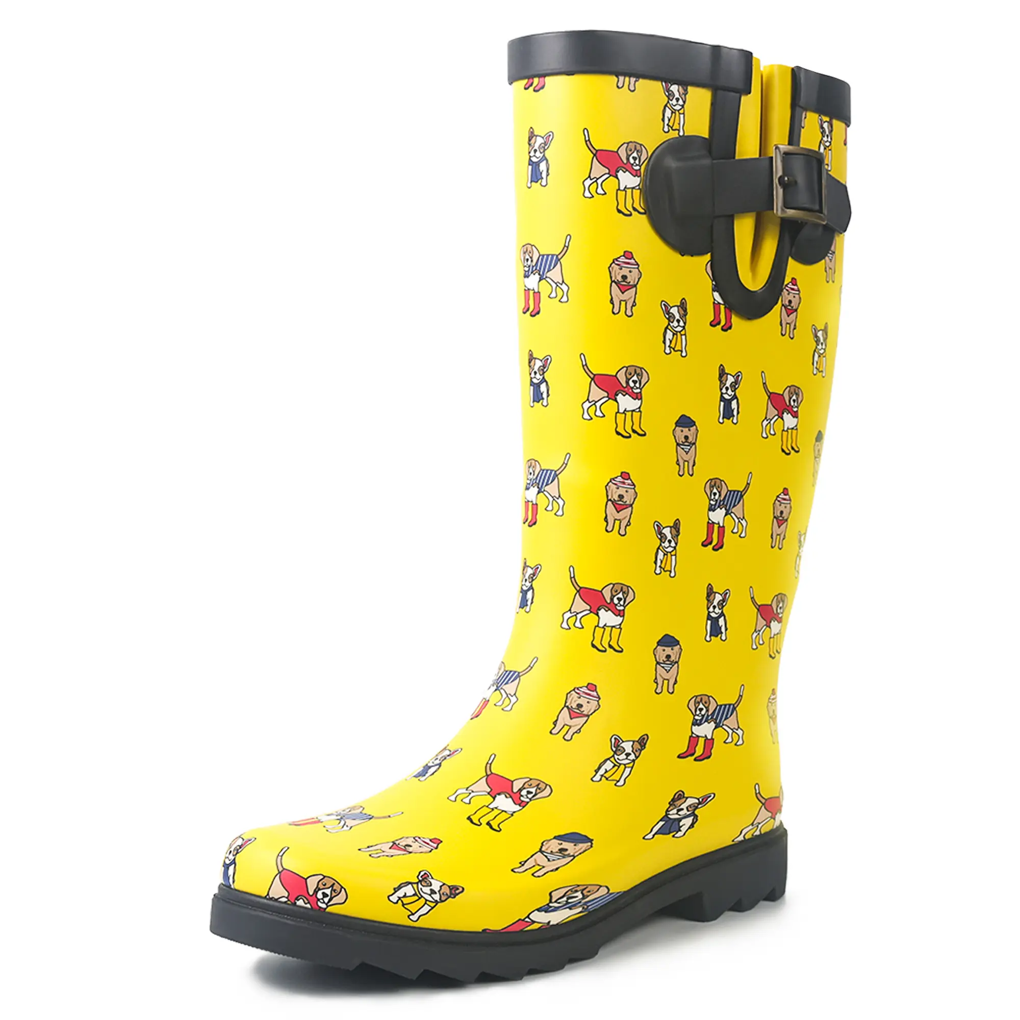 Landchief Women's Natural Rubber Waterproof Puppy Print Rain Boots - Cute Yellow, Non-Slip Grip, Soft Cotton-Lined Gardening Outdoor Footwear for Ladies, Fabric, Cloth, Cuban