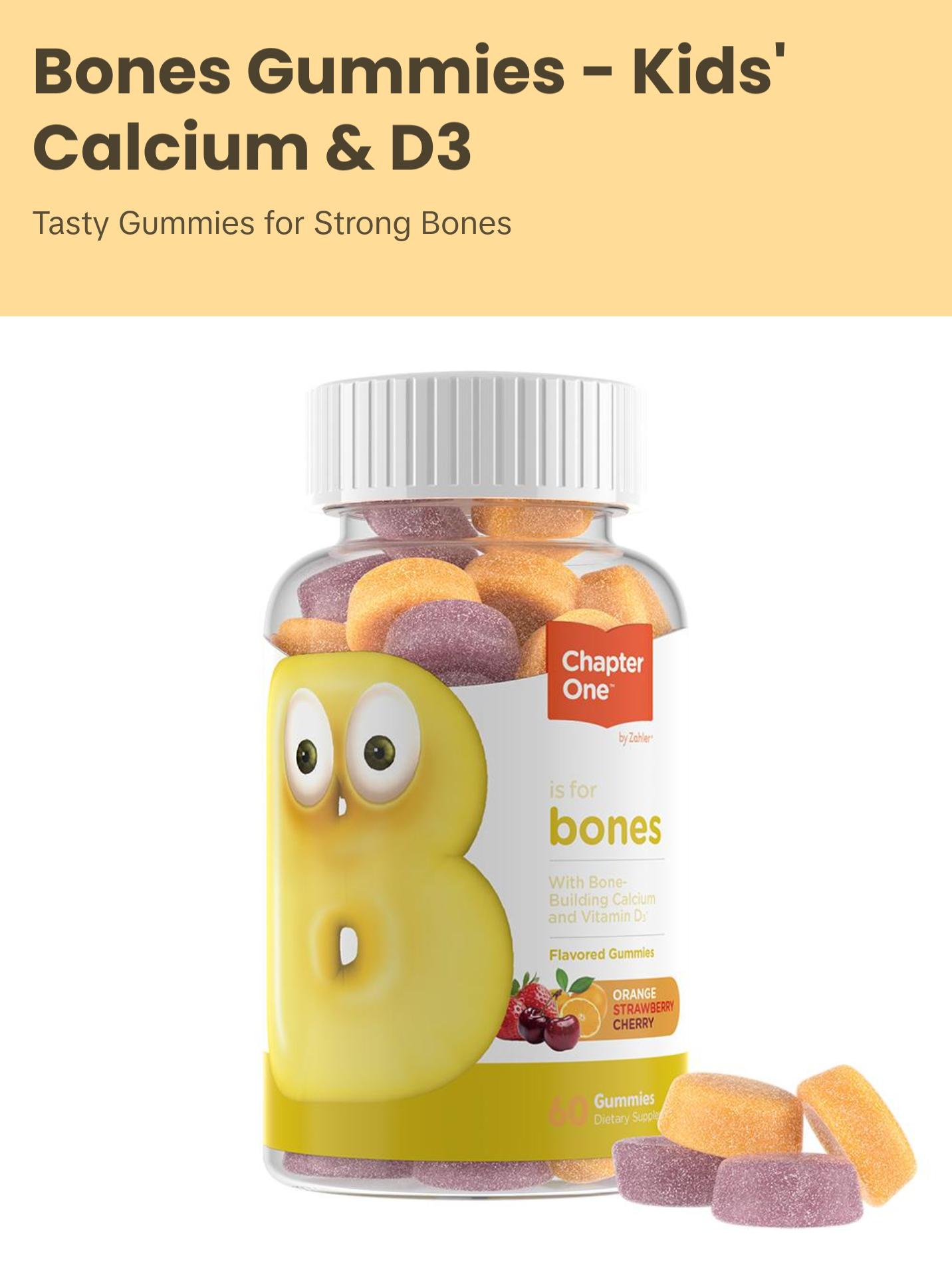 Zahler Bones Gummies - Natural Vitamin D3 & Calcium Gummy for Kids - Orange Strawberry Cherry Flavor - 60 Count Bottle - Kosher Healthcare Supplement