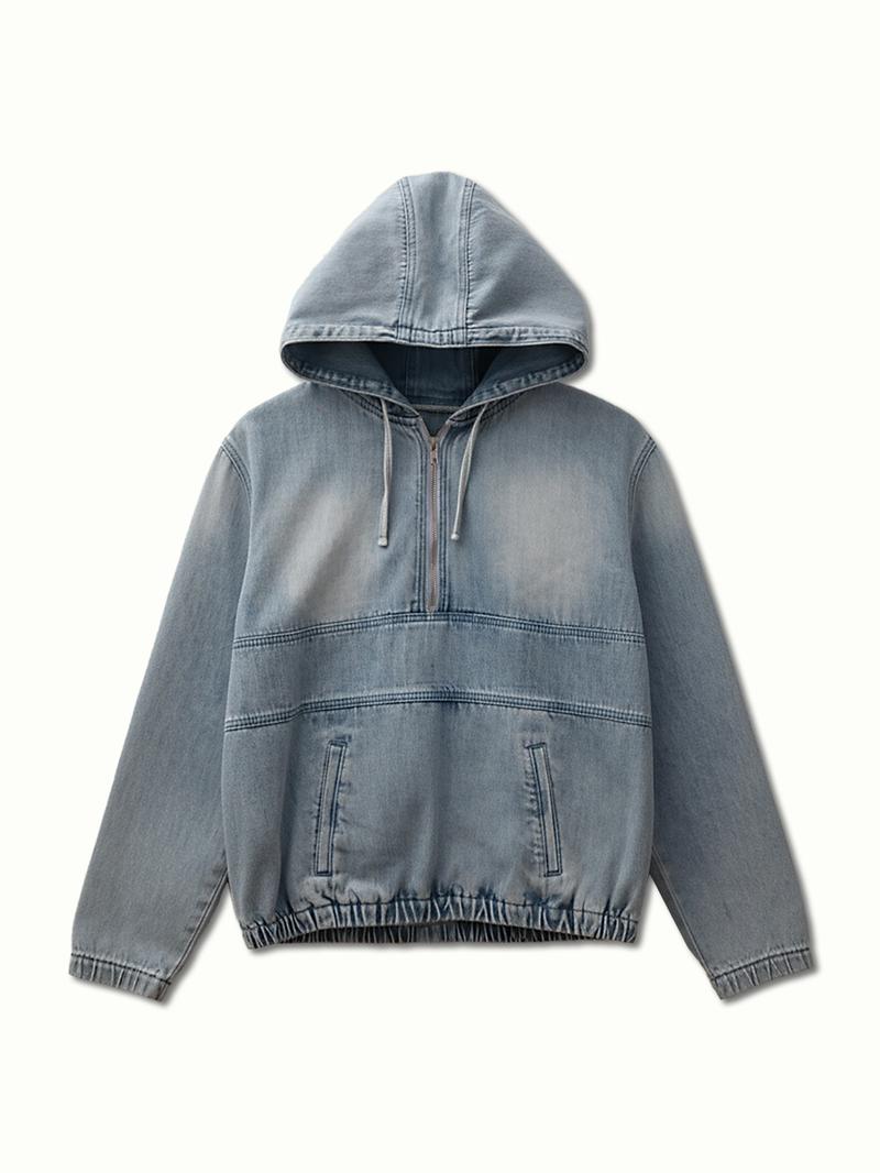 USBoutique Chic [S-5XL] Women's Half Zip Denim Hoodie Pullover Jacket Jean Tops Casual