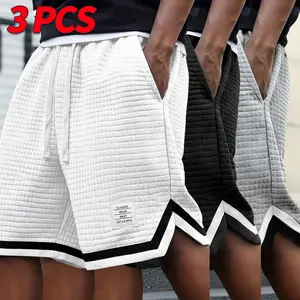 CVS Spencer 3-Pack Men's Summer Shorts Drawstring Waist Side Slits Color-Block Design Loose Casual Campus Street Style for Running Basketball Cycling Outdoor Fitness Activities Tropical Menswear Streetwear training breathable sport waffle knit