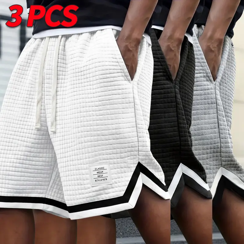3-pack men’s summer shorts — drawstring waist, side slits, color-block design; loose casual campus street style by CVS Spencer, suitable for running, basketball, cycling, and outdoor fitness activities. Tropical Menswear Tropical Streetwear