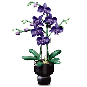 Orchid Building Blocks Set Purple Fake Orchid with Vase Lifelike Gradient Blooms Zero Plant Care Flexible Stems Ideal Easter Mother's Day Gifts for Women