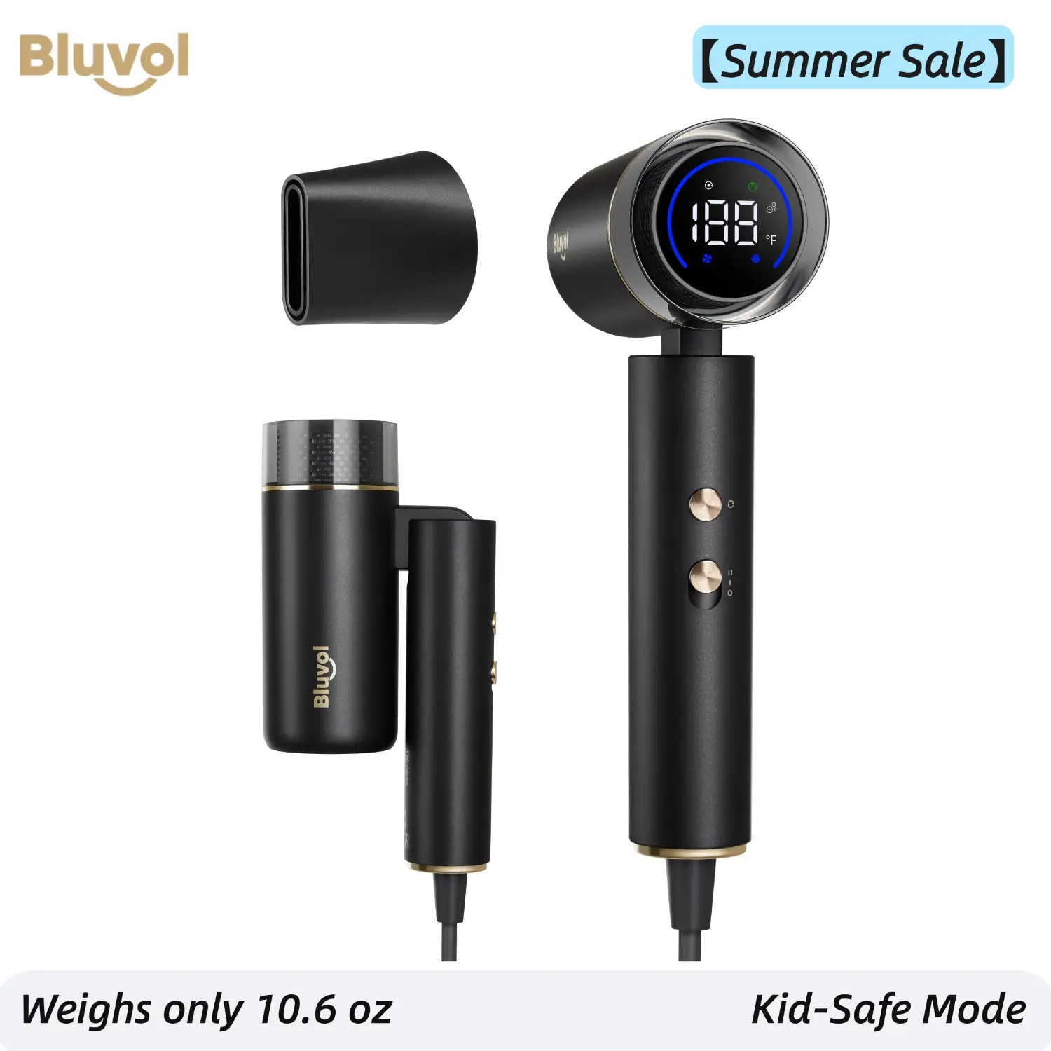 【SummerSale】Bluvol T10 Apex Travel Foldable Pocket Hair Dryer AquaGlow Ionic Kid-Safe Lightweight Portable High Speed Dryer with Concentrator for Gym & Travel Essentials