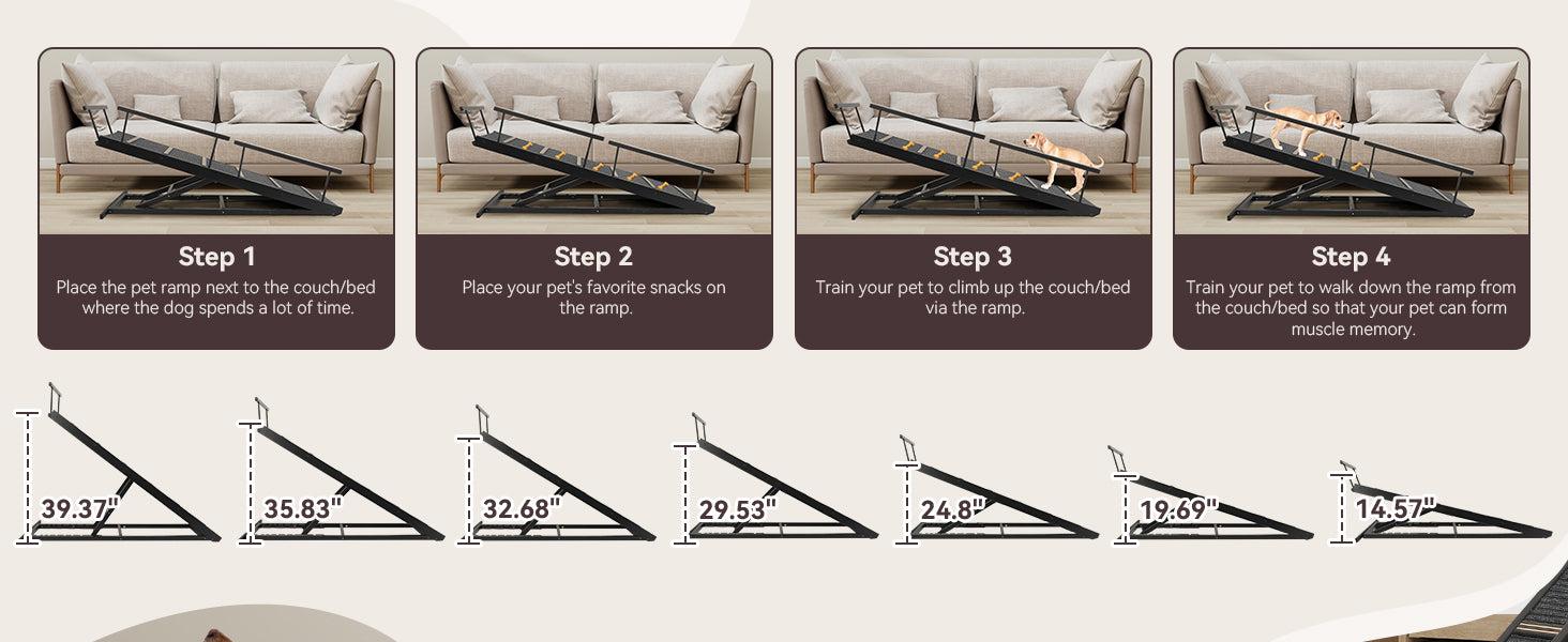 Dog Ramp for Bed, Folding Portable Wooden Dog & Cat Ramps for Couch or Bed, Including Non Slip Mat & Safety Side Rails, 64.2 Inch Long and Height Adjustable from 13.4 Inch to 38 Inch Up to 110 Lbs PA923