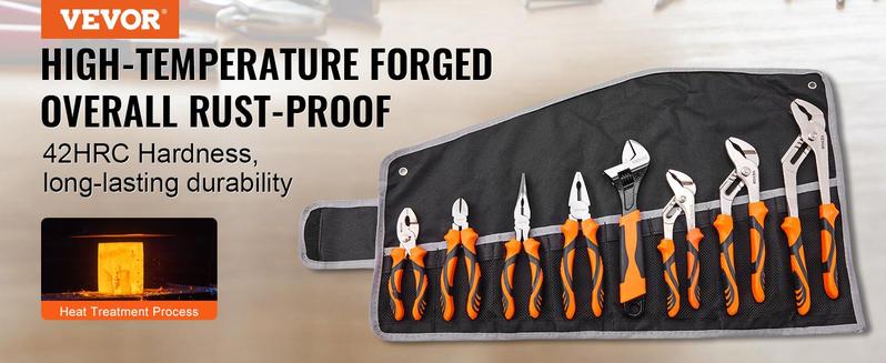 VEVOR 8-Piece Pliers Set, High Carbon Steel, 12"/10"/8" Groove Joint Pliers, 8" Linesman's Pliers, 6" Slip Joint Pliers, 8" Long Nose Pliers, 6" Diagonal Cutter, 10" Adjustable Wrench, and Tool Bag