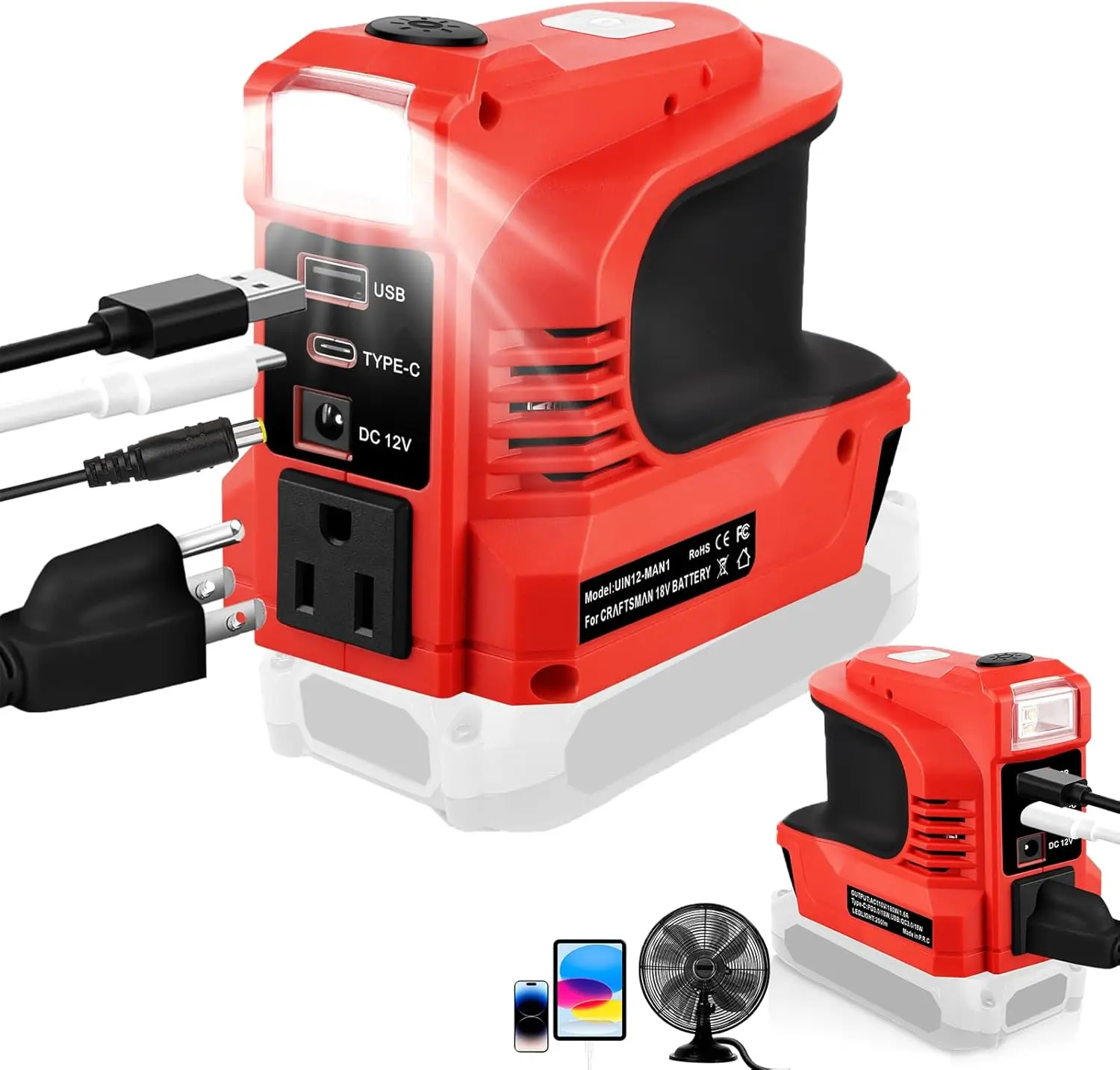 220W Power Inverter for Craftsman 20V, DC 20V to AC 110-120V Battery Inverter, 20 Volt Battery Powered Portable Power Source Supply Charger Adapter with USB&Type-C&AC Outlet&LED Light