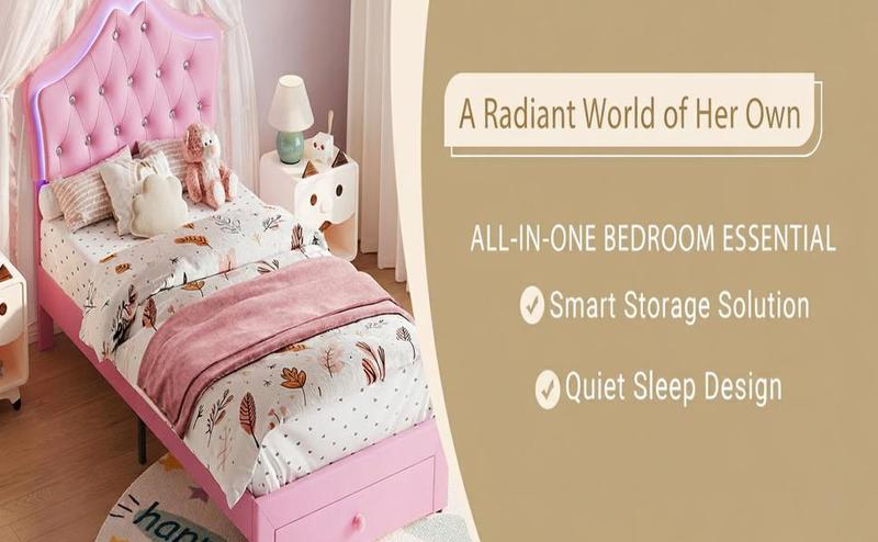 Twin Size Upholstered Princess Bed Frame with LED Lights & Storage Drawer, Pink Faux Leather Platform Bed  , Crystal Tufted Headboard, No Box Spring Needed, Heavy Duty Support