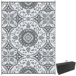 Outsunny Outdoor Rug for Patio, 9' x 12' Waterproof Large Mat, Reversible Plastic Straw Rug for Decor, Portable Outside RV Camping Area Carpet Mat for Backyard Porch Deck Picnic, Gray & White Floral
