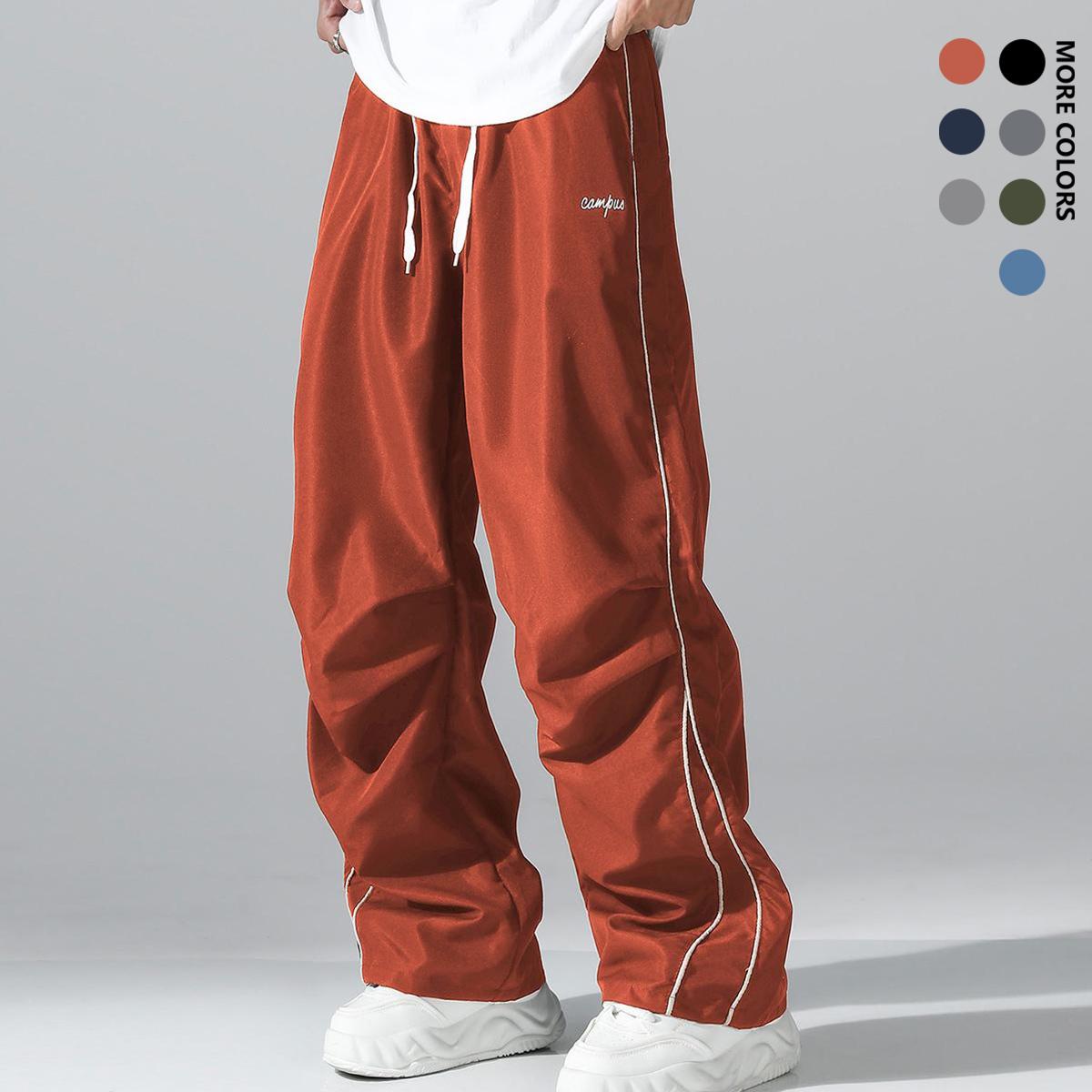 Men's straight-leg wide-leg casual pants - Black and grey striped design, loose waist with drawstring, machine washable nylon fabric, all-season comfortable casual wear