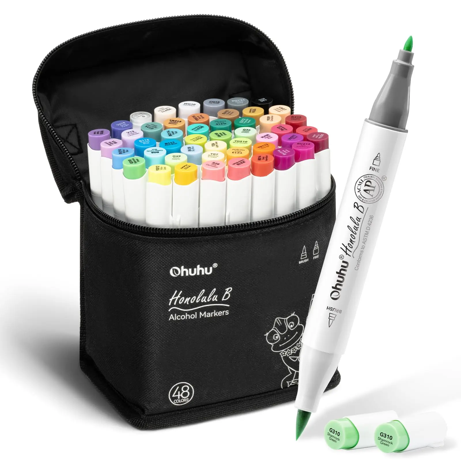 Ohuhu Alcohol Markers: Brush and Fine Tip - 48 Colors Alcohol-based Art Sketch Marker Set for Artist Adults Coloring Illustration - AP Certified Refillable Art Marker Set for Beginners Drawing Illustration Sketching - Honolulu B Series of Ohuhu