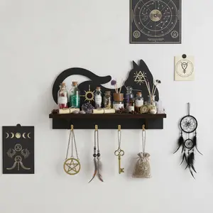 FNYDOX Cat Crystal Display Shelf Gothic Witchy Shelves Home Decor Rock Gem Stone Wall Shelf Crystal Holder Cute Shelf for Trinket Knick Knack Spiritual Gift Wicca Wiccan Supplies