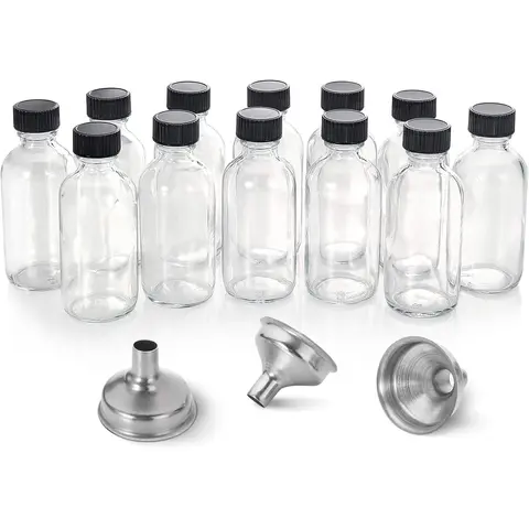 12 Pack 2 oz Small Clear Glass Boston Shot Bottles with Stainless Steel Round Lids, 3 Funnels & Waterproof Box - 60ml Home Storage Jars for Health, Wellness, Sample Use - Mini Travel Personal Care Bottles