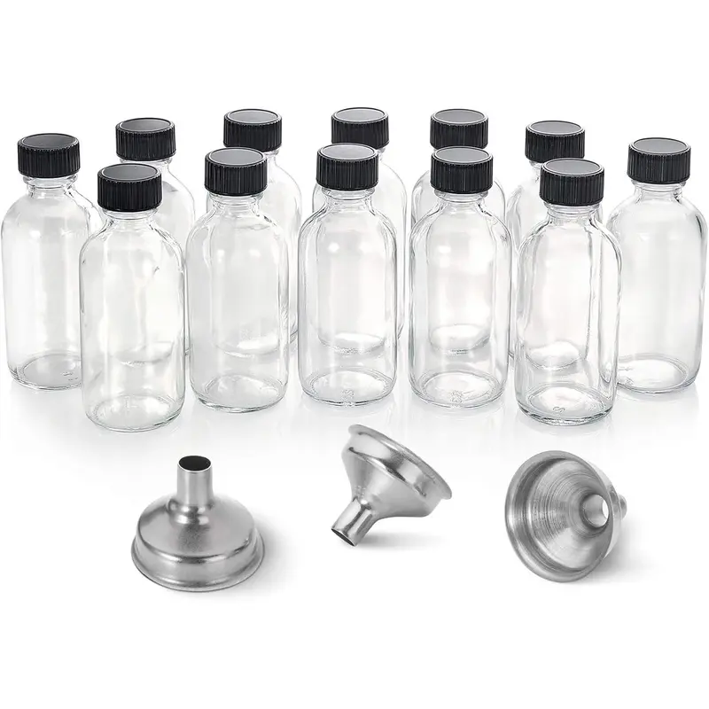 12 Pack 2 oz Small Clear Glass Boston Shot Bottles with Stainless Steel Round Lids, 3 Funnels & Waterproof Box - 60ml Home Storage Jars for Health, Wellness, Sample Use - Mini Travel Personal Care Bottles