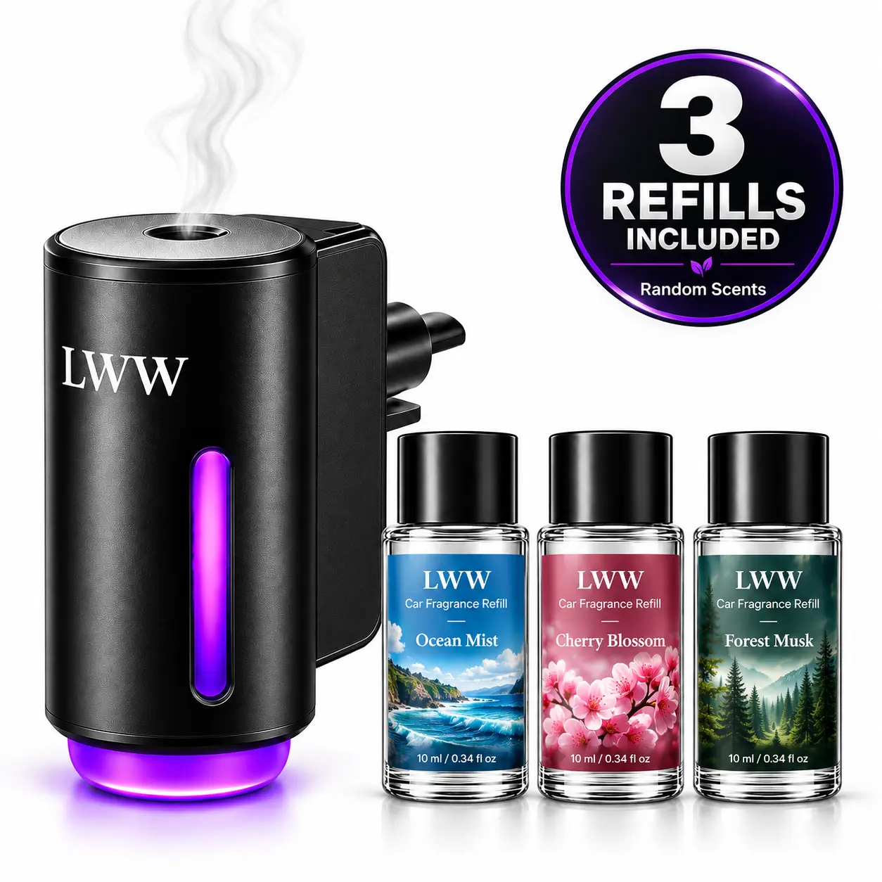 LWW Dual-Use Car & Home Diffuser Set, 3 Premium French Essential Oils, Long-Lasting Car Scents, Waterless Auto-Off, Diffuses Oil, Auto Accessories for Interior Aromatherapy