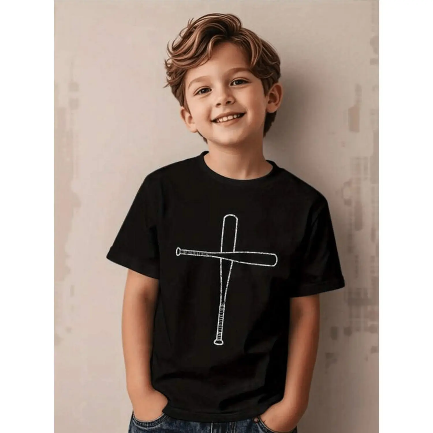 1pc Boys' Christian Cross & Baseball Graphic T-Shirt - with Cross Print, Short Sleeve Round Neck Casual Tee for 3-13 Years Old, All-Season Comfort, Easter Gift Idea, Church & Sports Apparel, Durable Casual Attire for Boys