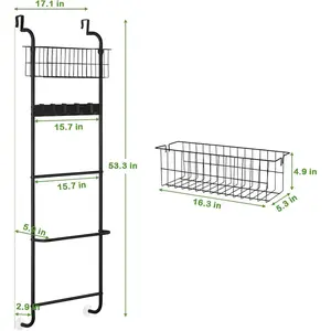 5-Tier Over Door Metal Towel Rack with Hooks & Basket - Heavy Duty Bathroom/Bedroom Organizer, Space Saving Storage Shelf Black