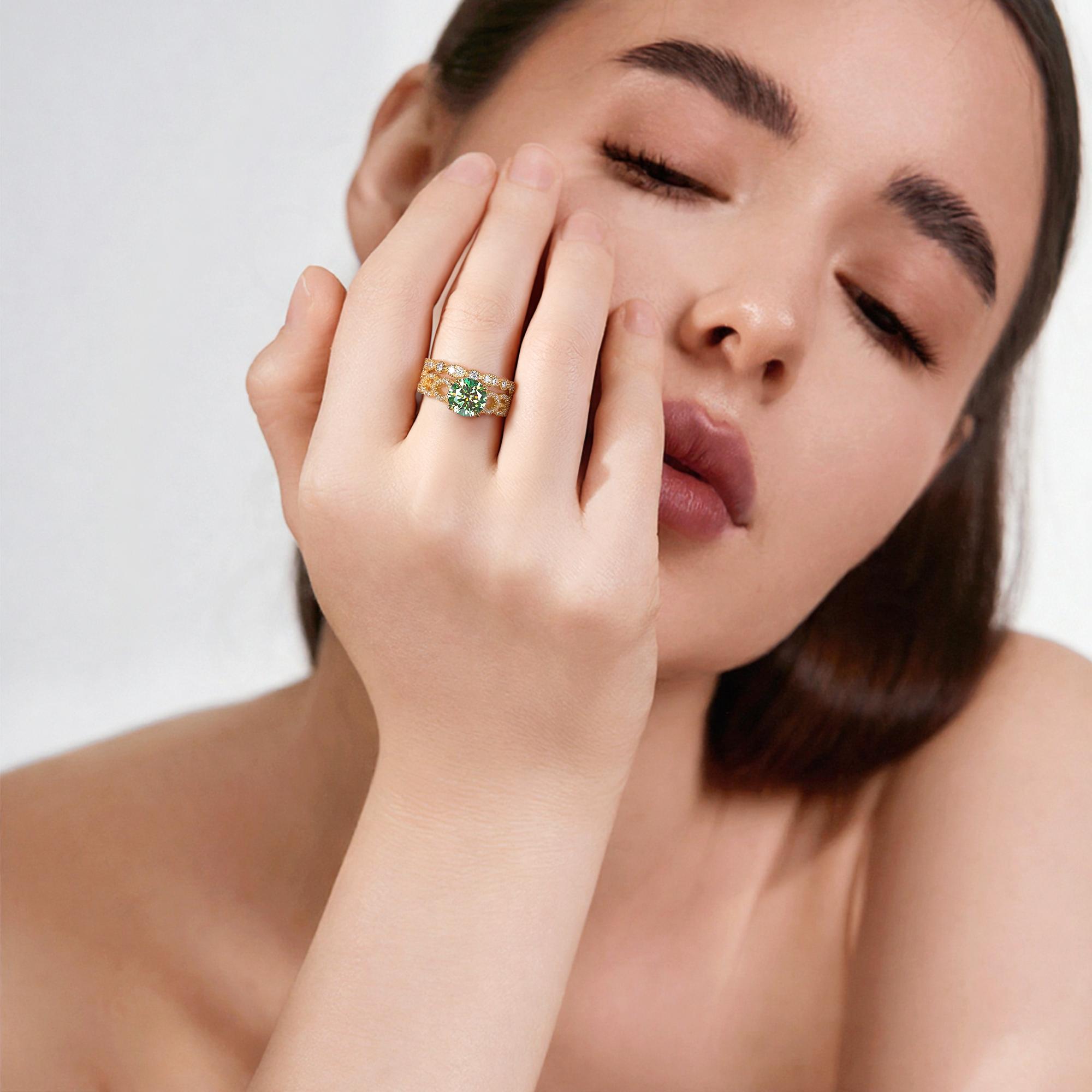 【1010】Stackable 2CT Synthetic  Moissanite Statement Ring | Green/White Stone | Pair with Band Rings