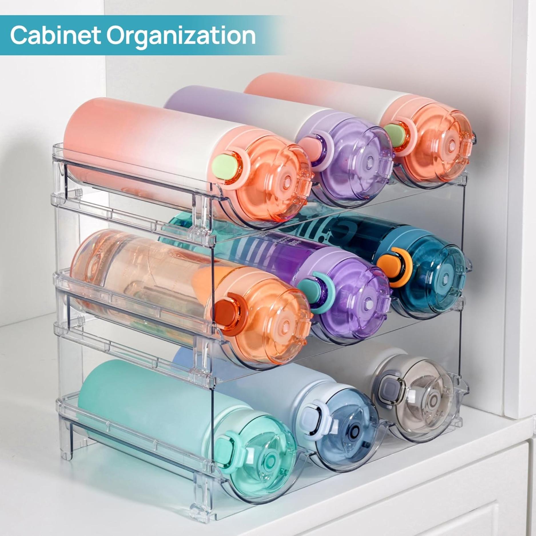 Stackable Water Bottle Organizer Holder, 4 Pack Clear Plastic Cup Storage Rack for Pantry Kitchen Cabinet Cupboard Countertop Organization and Storage, Hold 12 Bottles