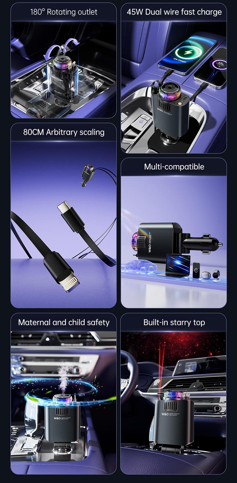 Aromatic Starlight In Car Roof Retractable Car Charger  Fast Charging Adapter 5-in-1 Smart Car Charger Car Air Freshener Starlight Car Adapter with Retractable Cables