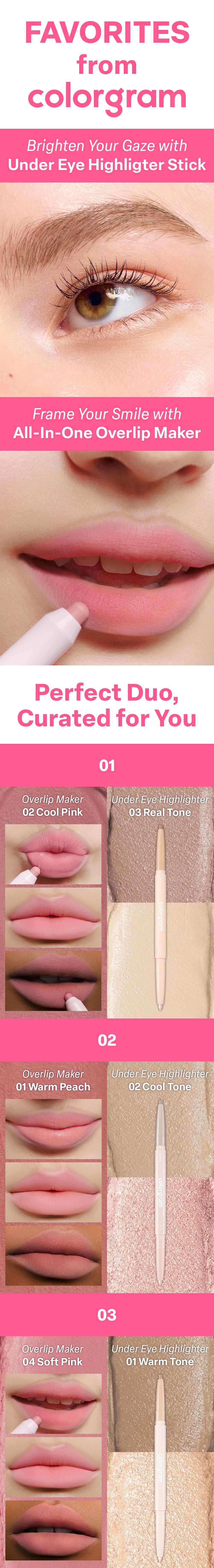 Colorgram Over-Lip & Aegyo-Sal Under Eye Highlight Stick Duo | Fuller Lip Line + Bright Eye Glow