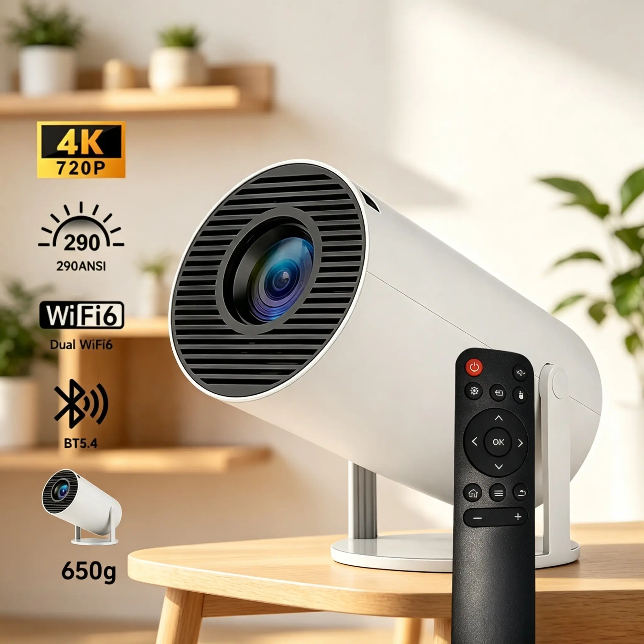 Light Portable Compact Smart Android Projector, 720P Full HD LED Display, 290 Lumens, WiFi6, BT5.4, Auto Keystone Correction, 180° Rotatable Tabletop, 130" Screen, Built-in Speaker, Remote Control, Home Use, Games, for Bedroom & Outdoor Movie Viewing, Ga