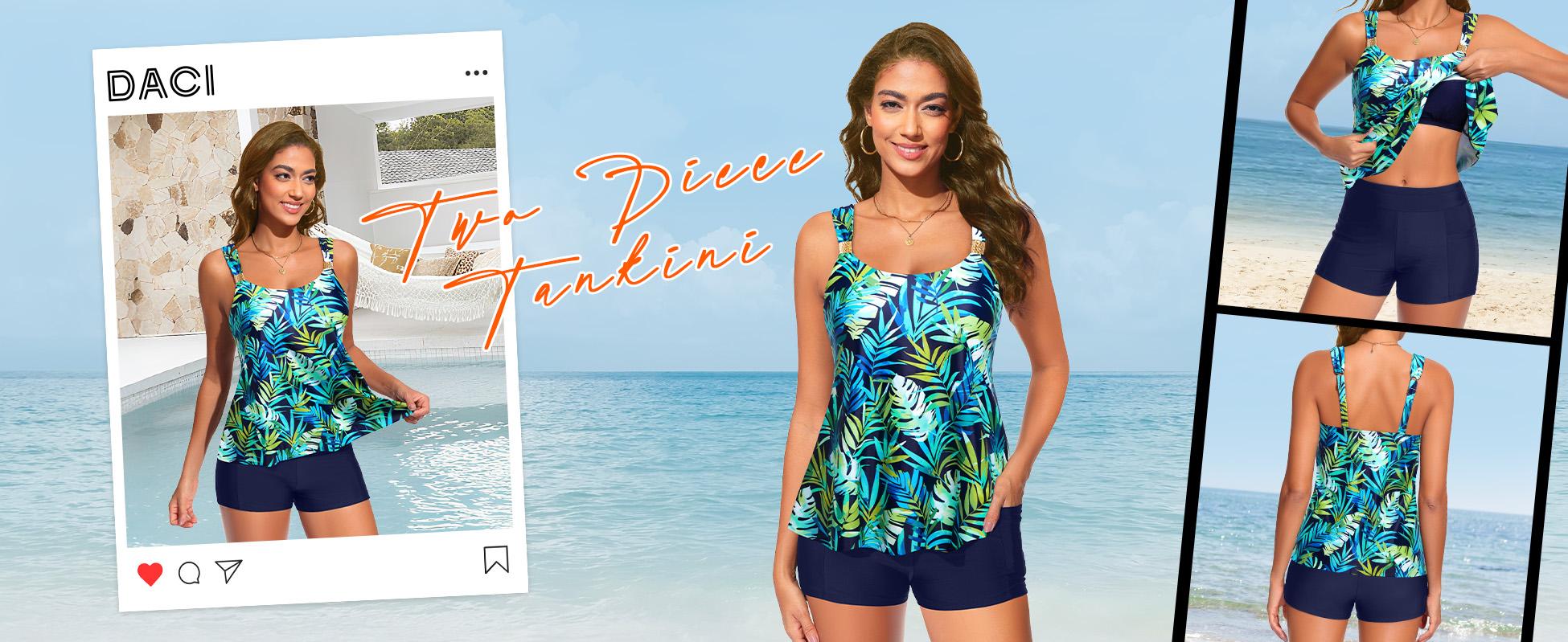 Daci Tankini Swimsuit with Shorts - Two Piece Tummy Control Bathing Suits Flowy Swim Top with Two Pockets Boy Shorts 2026
