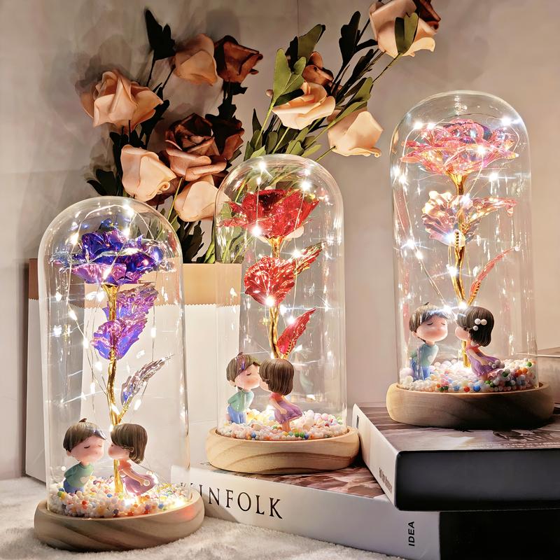 Artificial Roses withLED Lights in Clear Glass Storage Box Single Stem Home Party Decorations for Valentine's Day Christmas Festival