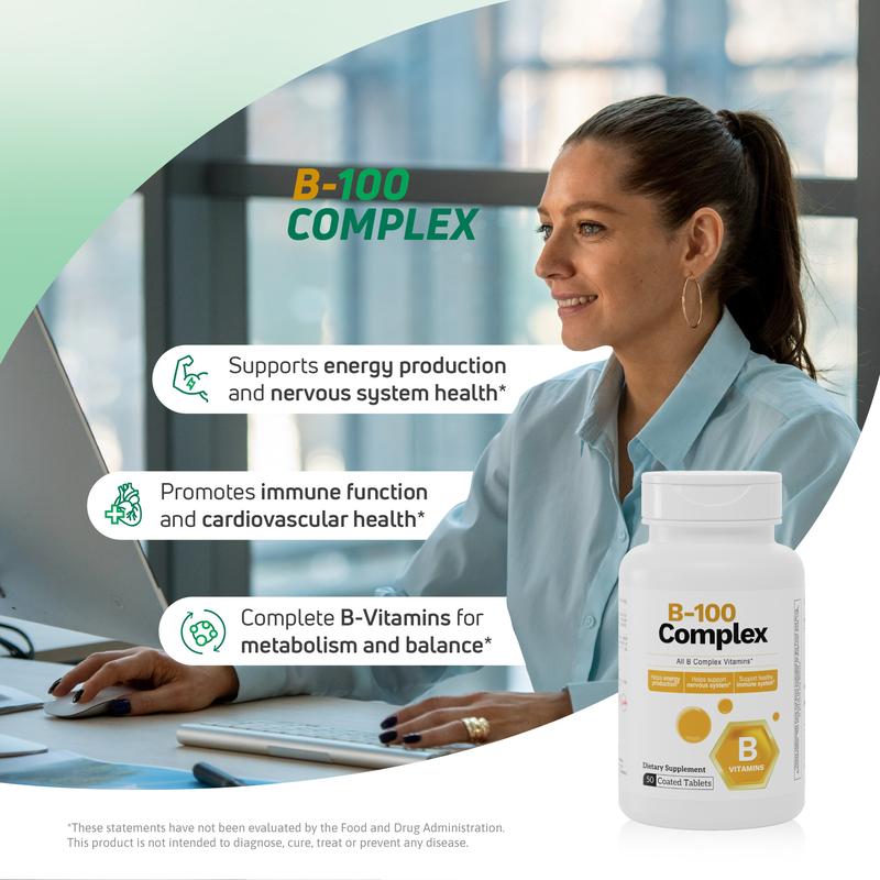 B-100 Complex – Complete Vitamin B Formula – 50 Coated Tablets
