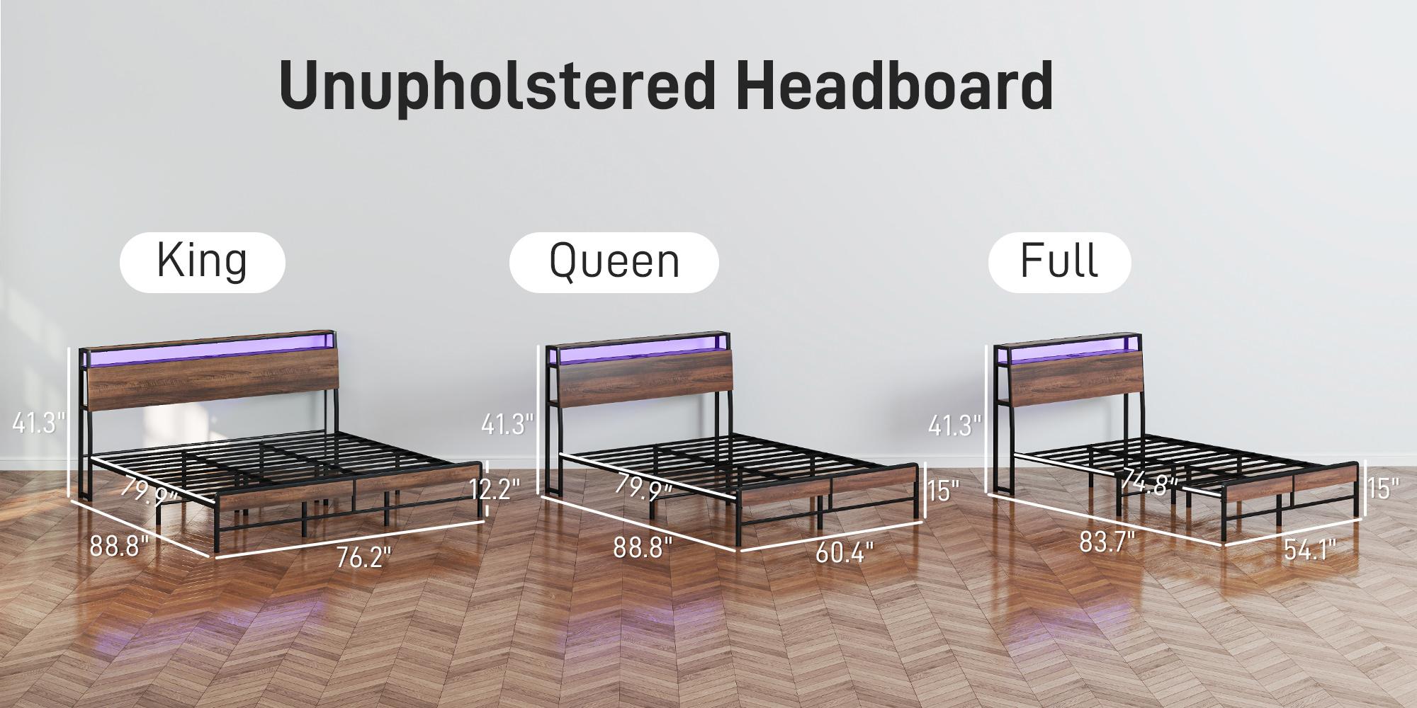 HOMCOM Bed Frame with Storage Headboard, Platform Bed Frame with LED Lights, Charging Station, Steel Slats, Noise-Free & Easy Assembly, No Box Spring Needed