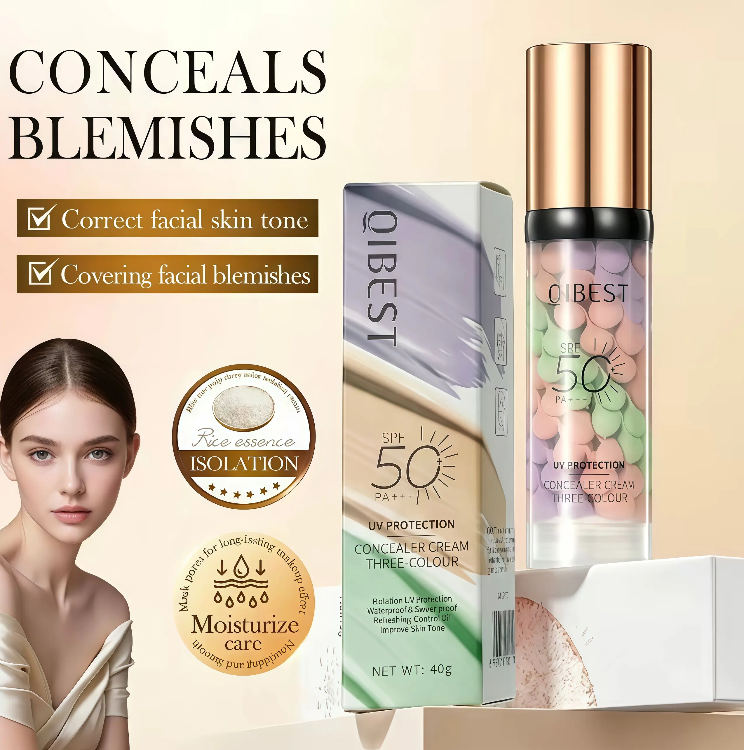 3-In-1 Tinted Sunscreen Cosmetic - Triple Color Protection, Hydrating Moisturizing, Oil Control, Waterproof, Sweatproof, Color Correcting Makeup (Concealer & Foundation), Moisturize, Spf Makeup