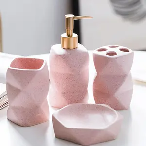 Bathroom Accessories Set,Pink Bathroom Accessory Sets,Soap Disoenser,Toothbrush Holders,Tumbler,Soap Dish,Modern Elegant Countertop Vanity Bathroom Organizers,Ceramic Bath Décor Set(Stone Pink)