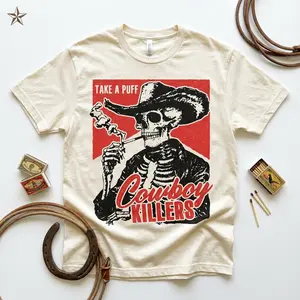 Smoking Skeleton Unisex Adult Tee, Cowboy Killers Shirt, Funny Skull Graphic T-Shirt, Vintage Western Grunge Shirt, Edgy Alt Clothing Gift