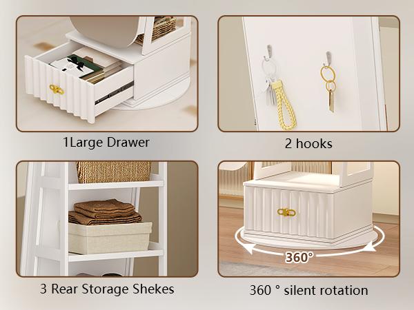 Miuvanity Round-Corner Design Full-Length Mirror with 360° Swivel & LED-Lit Features, Bottom Drawer Storage, Lockable Design living room decor