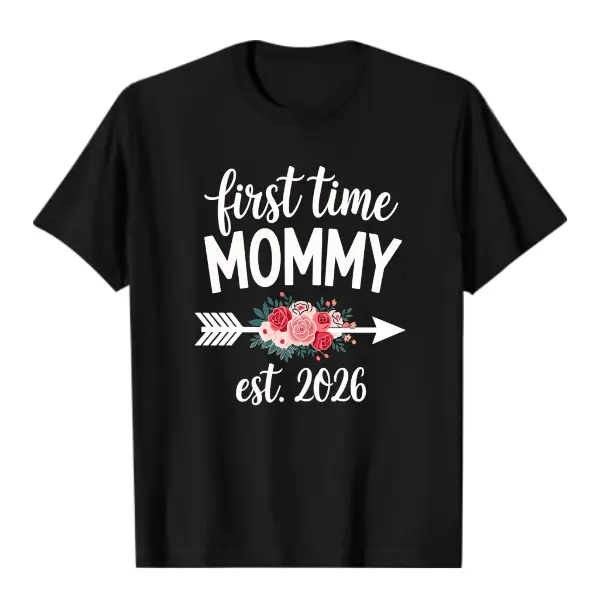 Women's Time Mommy Est. 2026 Pregnancy Announcement T-Shirt - 100% Cotton Funny Mom-to-Be Gift with Floral & Footprint Design, Casual Round Neck Tee for Maternity Photos & Casual Attire, All-Season Comfort Fit, Crewneck Black Womenswear Tops