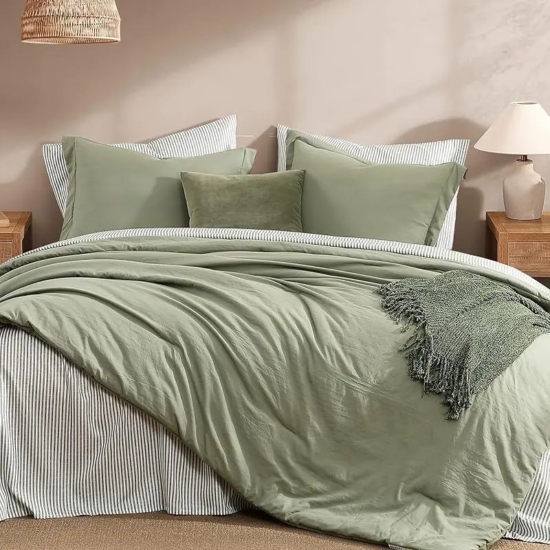 【Summer Sales Deals】Monbix 7-Pieces Microfiber Comforter Set, Modern Farmhouse Coastal Style Bedding Set with Double Sided Storage Pockets, 1 Comforter, 2 Pillowcases, 2 Shams, 1 Flat & 1 Fitted Sheet,SummerWins,DFYD,deals for you,mid year sale,restock