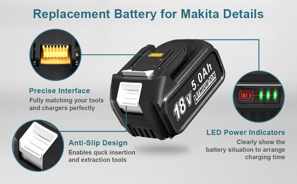 Amityke 2 Pack 18V 5000mAh Lithium-ion Replacement Battery for Makita and 14.4V-18V Replacement Charger for Makita, Fully Compatible with Makita 18V Cordless Power Tools